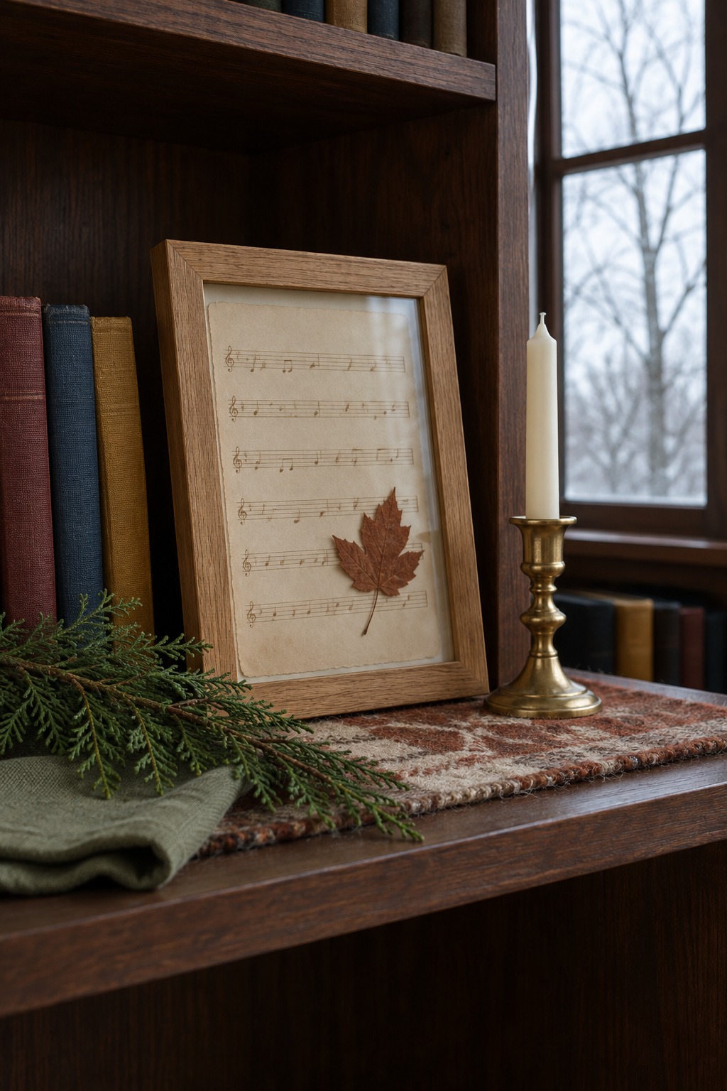 Aged book page with a printed Christmas carol in a simple wooden frame leaning on a bookshelf next to a small brass candlestick and a sprig of cedar