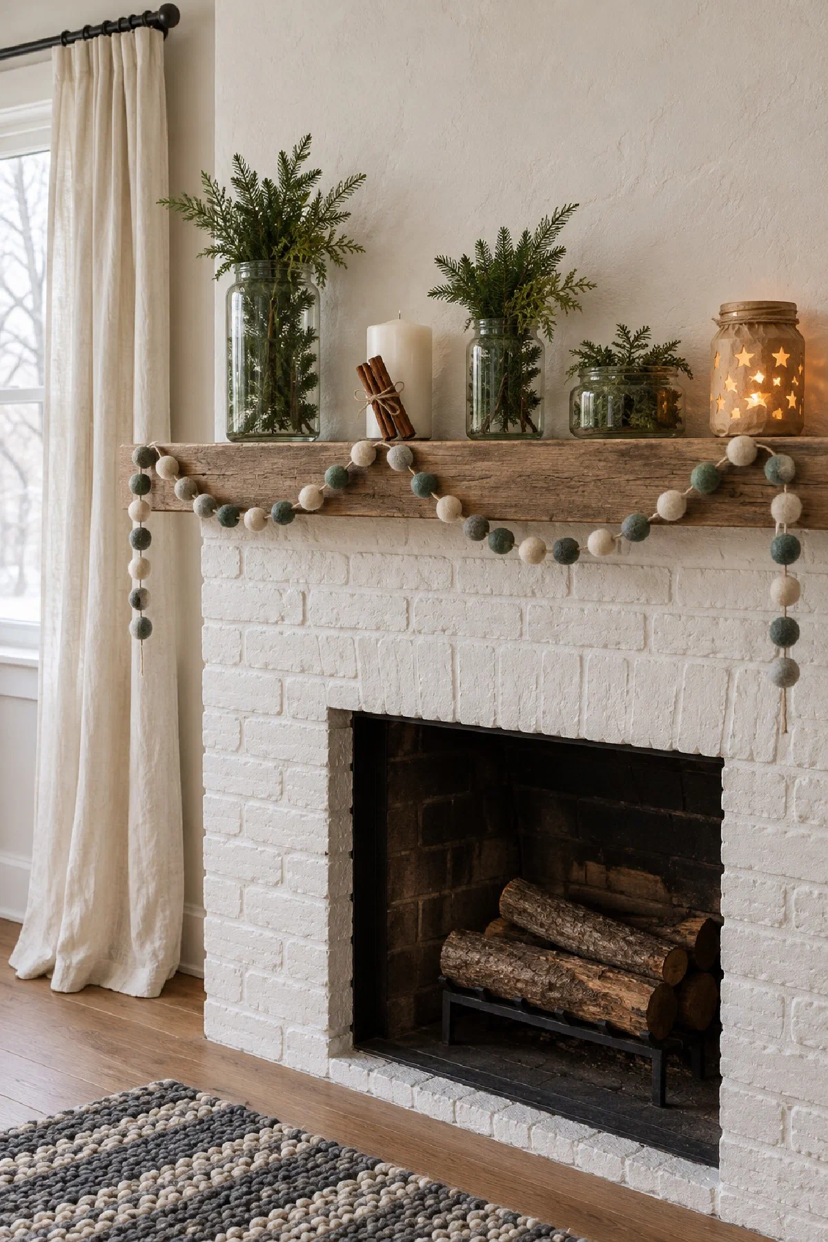 Fireplace mantel in a small home with evergreen clippings in glass jars, a felt ball garland, a bundle of cinnamon sticks tied with twine and a paper star lantern glowing at the end