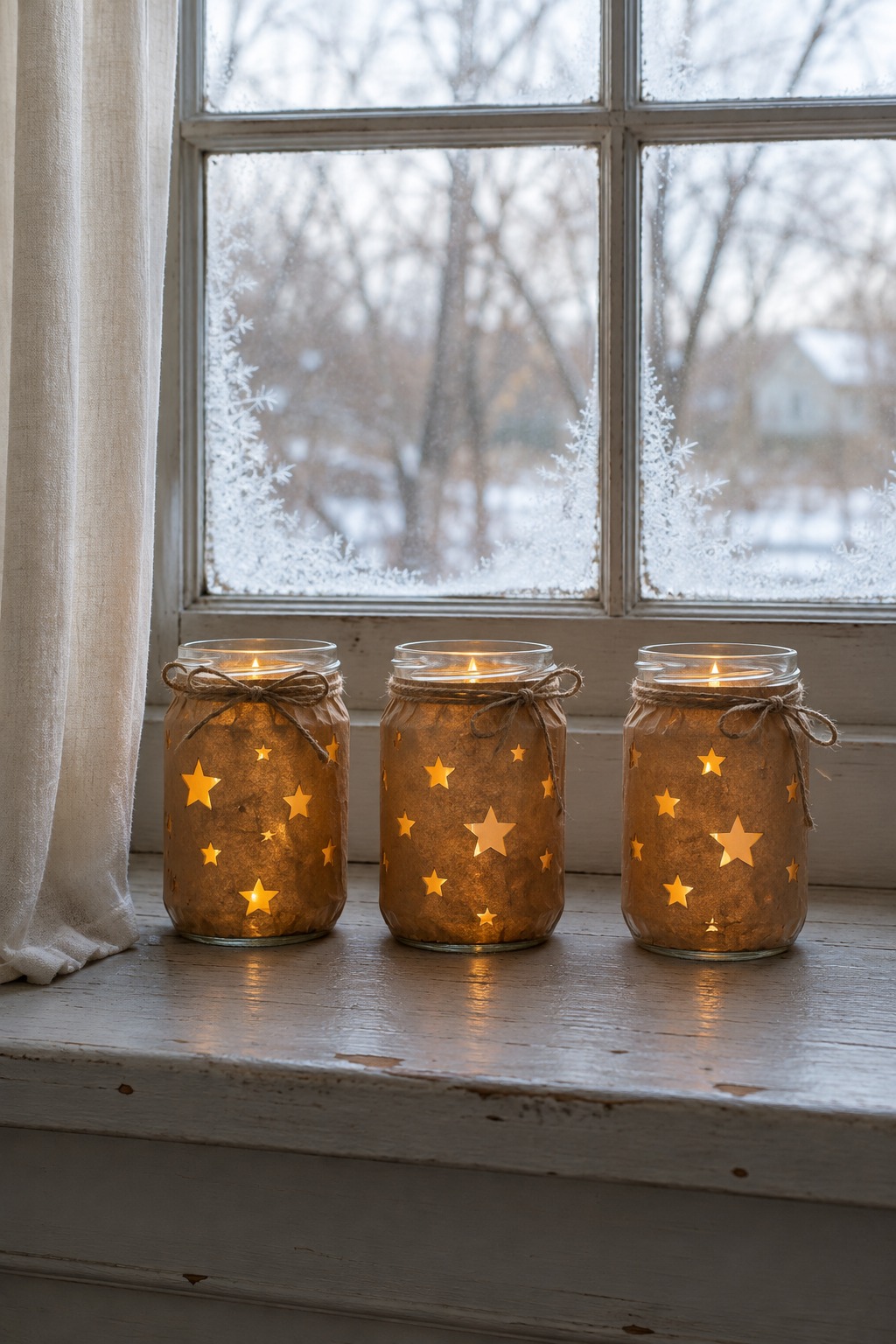 Three glass jars wrapped in brown craft paper with star shapes punched through, glowing from inside, on a deep windowsill with frost on the glass