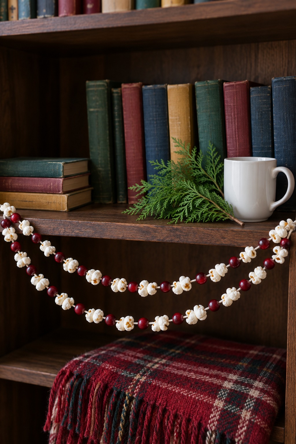 Garland of white popcorn and red cranberries on thread, draped across a bookcase shelf with a small evergreen sprig and a white mug