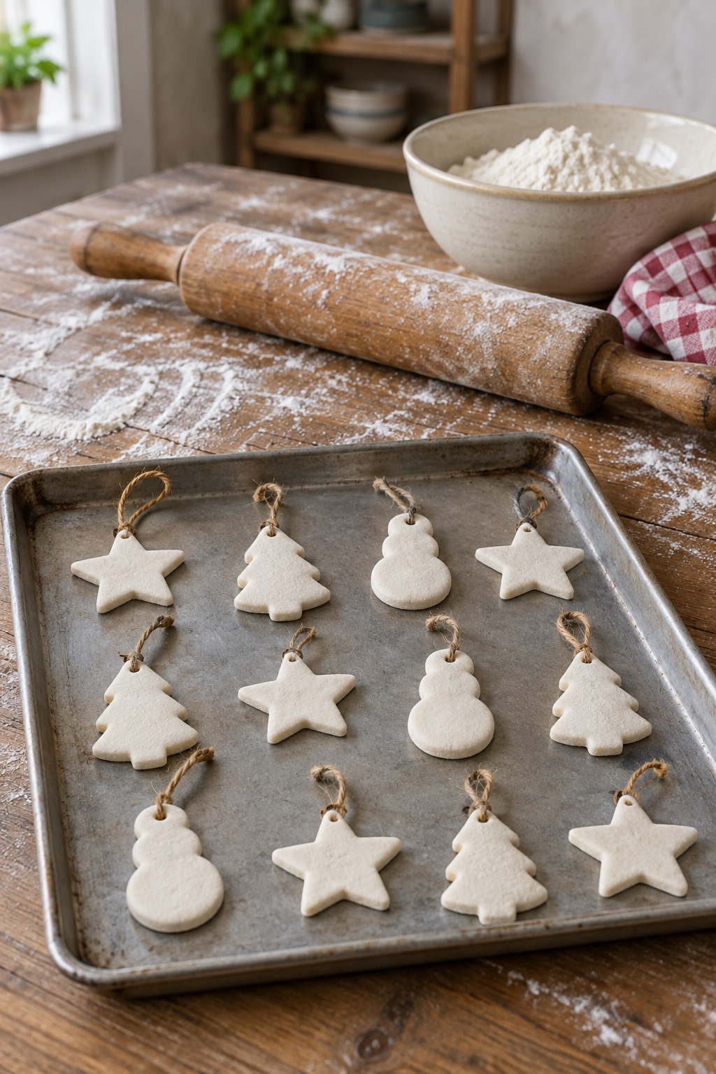 Plain white salt dough ornaments in star, tree and snowman shapes on a baking tray with jute twine loops, a rolling pin and a bowl of flour behind them