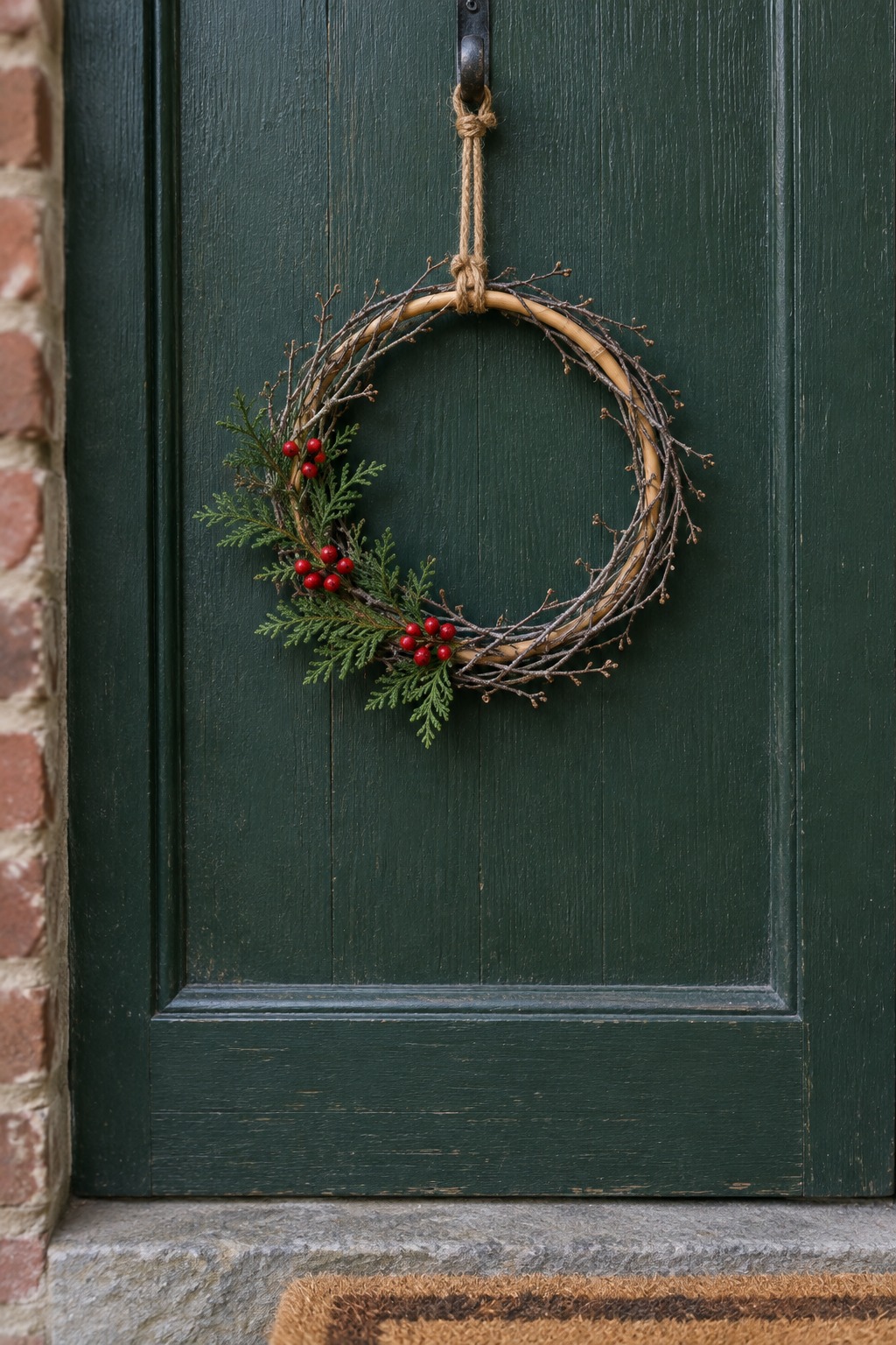 Small wreath of bare twigs wrapped around a round bamboo hoop with a few cedar tips and red berries, hanging by a twine loop on a painted front door