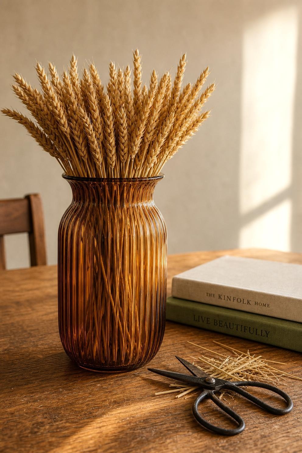 Dried wheat trimmed short in a ribbed amber glass vase on a dining table beside a stack of books