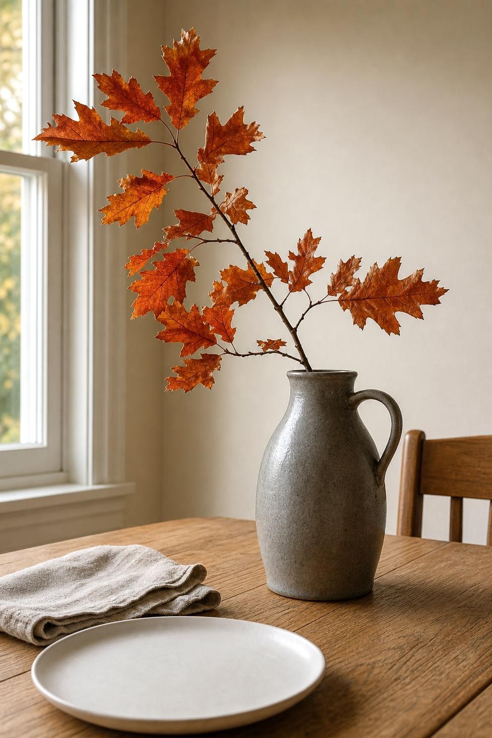 Single leafy branch leaning in a heavy stoneware jug on a wooden dining table