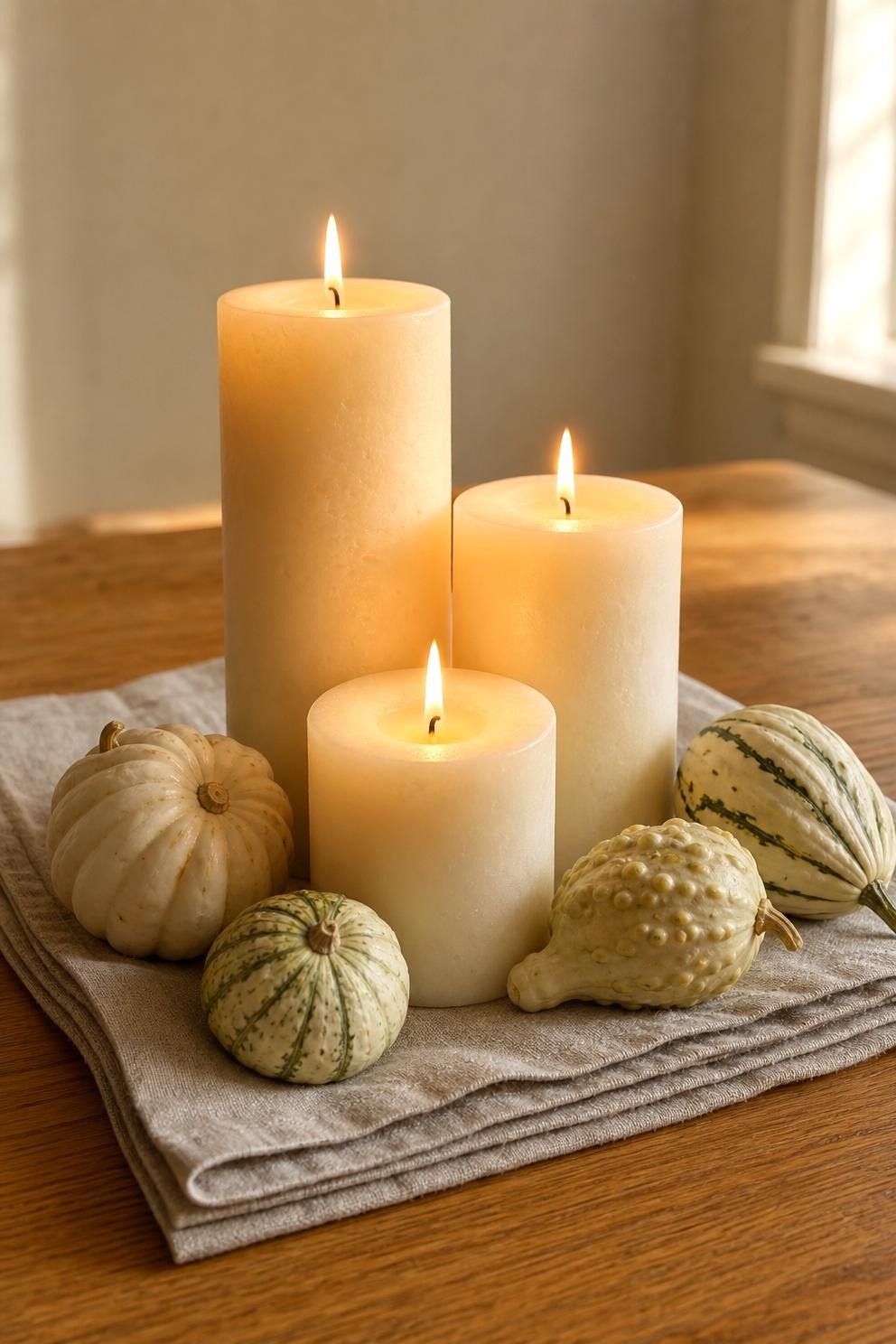 Three cream pillar candles at clearly different heights clustered tightly on a dining table with small gourds nearby