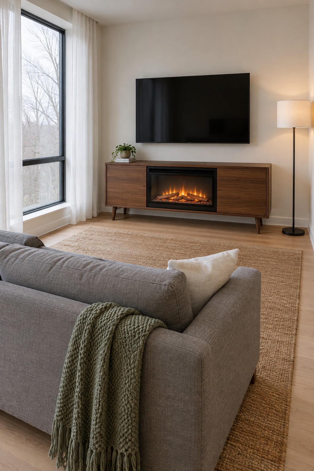 Low walnut media console with a glowing built-in fireplace in a small studio apartment