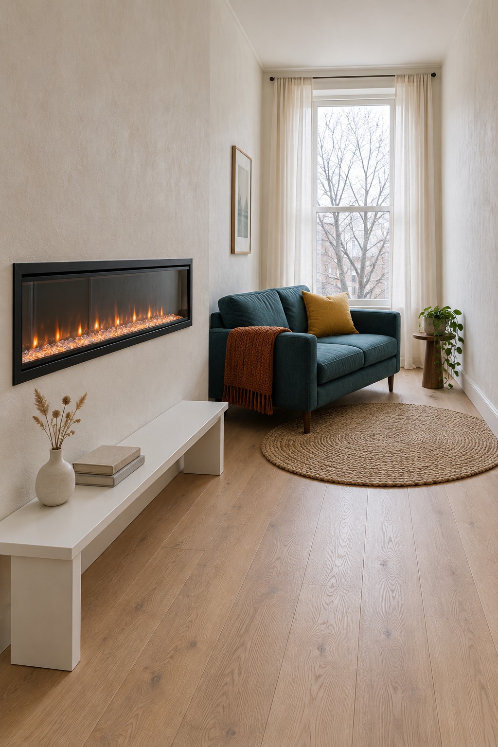 Slim linear fireplace on the wall above a low bench in a narrow apartment living room