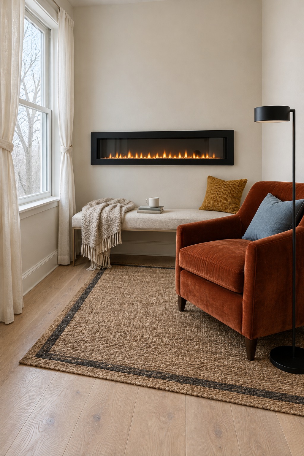 Narrow black linear fireplace above a low bench beside a rust armchair in a small reading nook