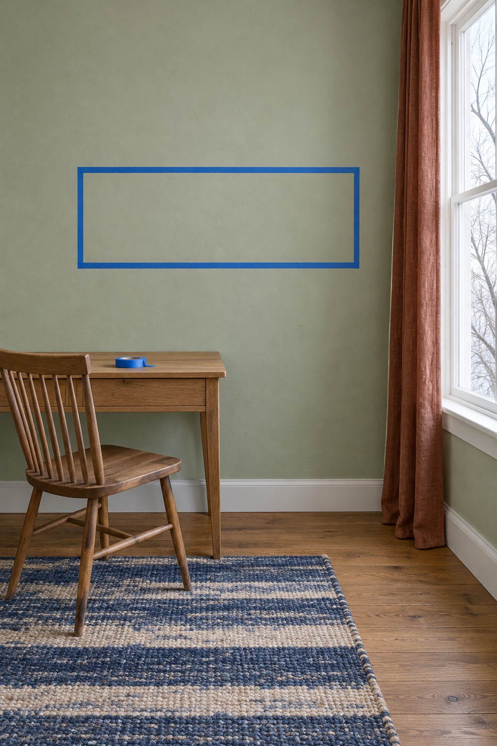Blue painter's tape rectangle on a sage wall marking where a small-room fireplace would hang