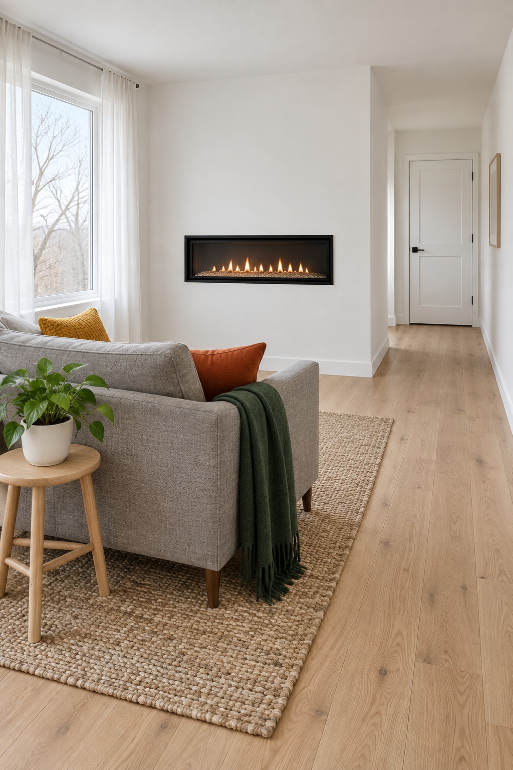 Small living room with a slim wall-mounted fireplace, a loveseat and a clear walkway