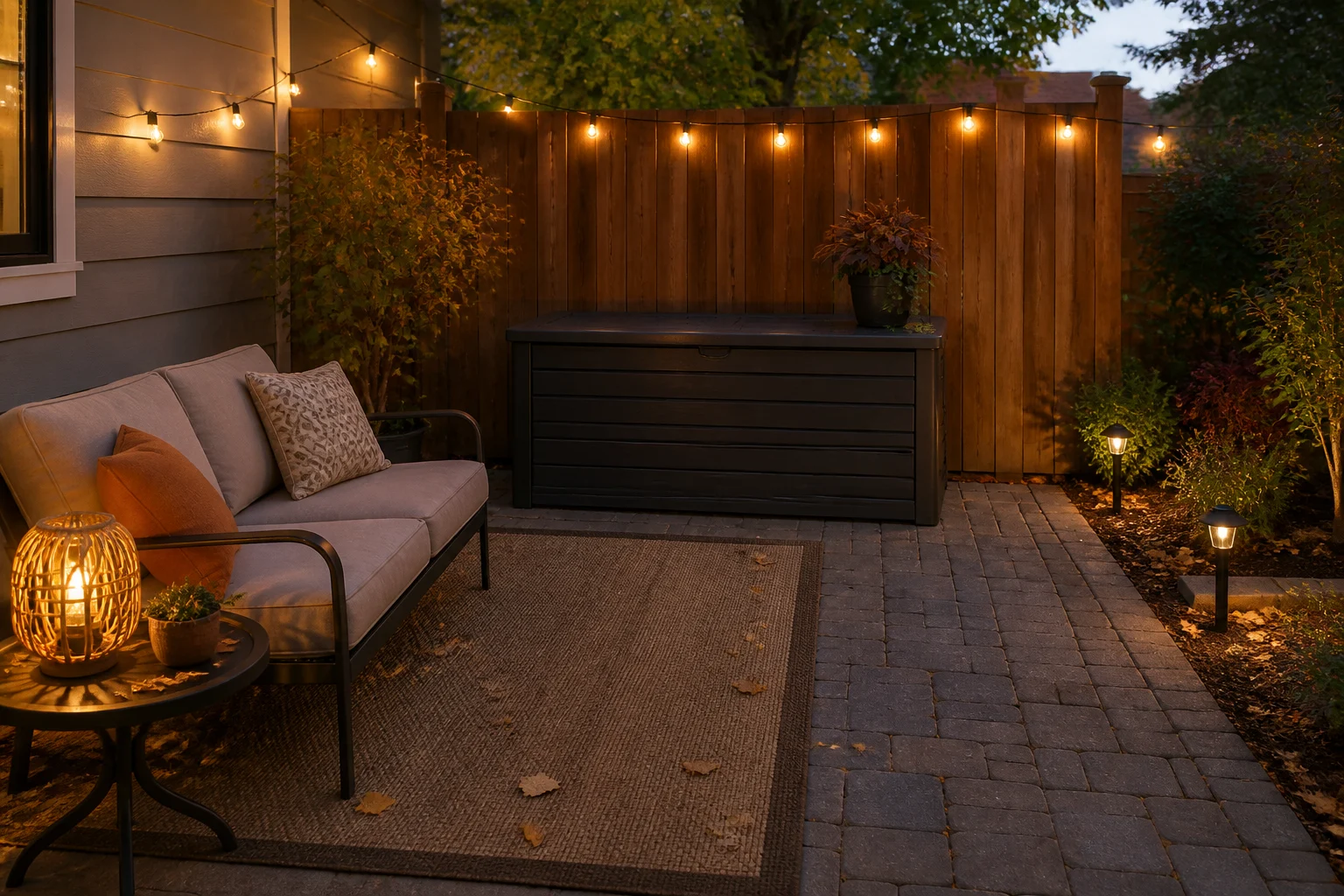 Fall backyard seating corner with warm lights, a clear floor, and closed cushion storage