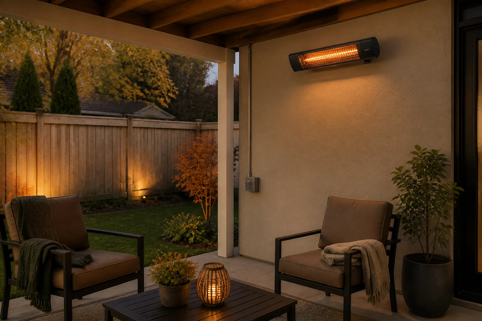 Compact outdoor electric heater positioned beside seating with open clearance