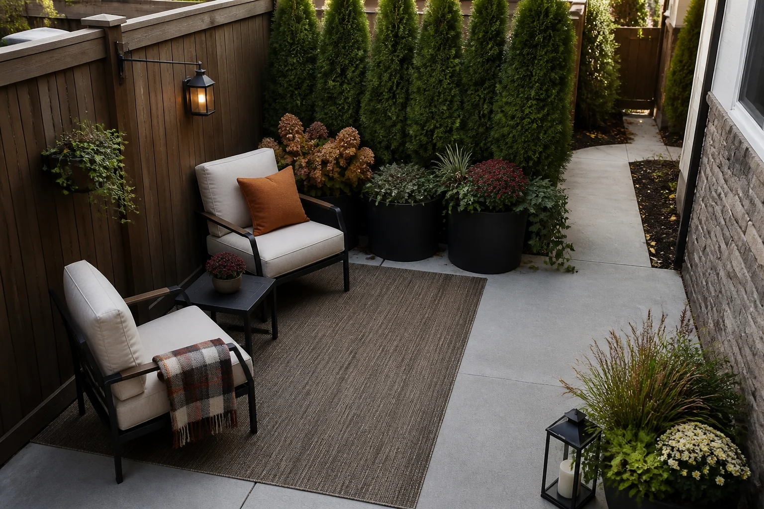 Two outdoor chairs arranged in a sheltered backyard corner with a clear walkway