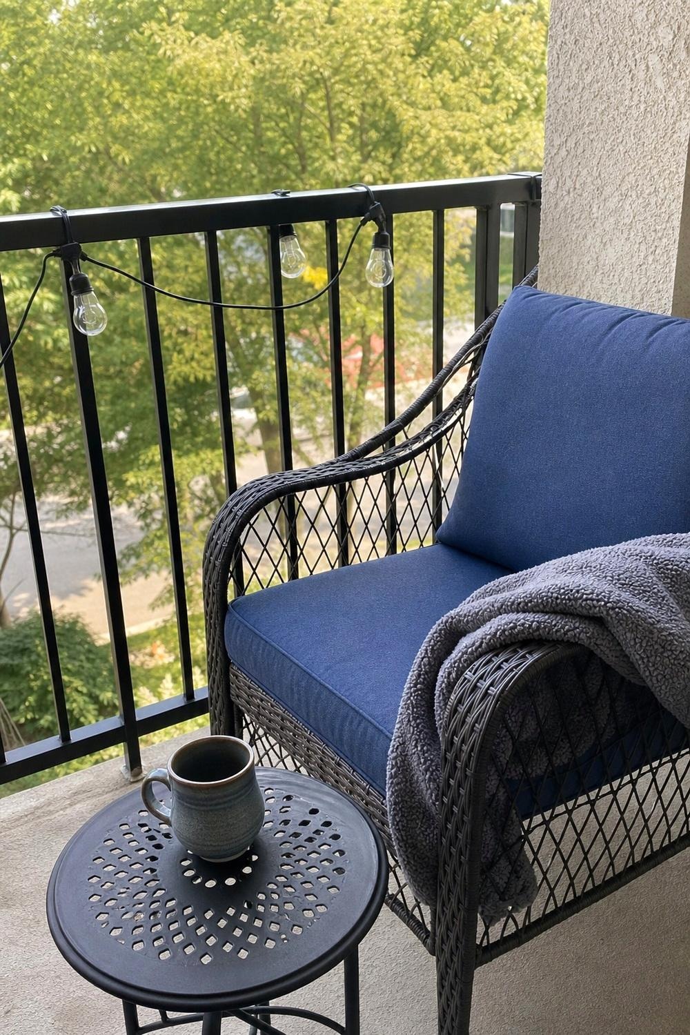 Overhead view of a small apartment balcony fully set up for fall with mums, kale, a wool throw, and a side table with a mug