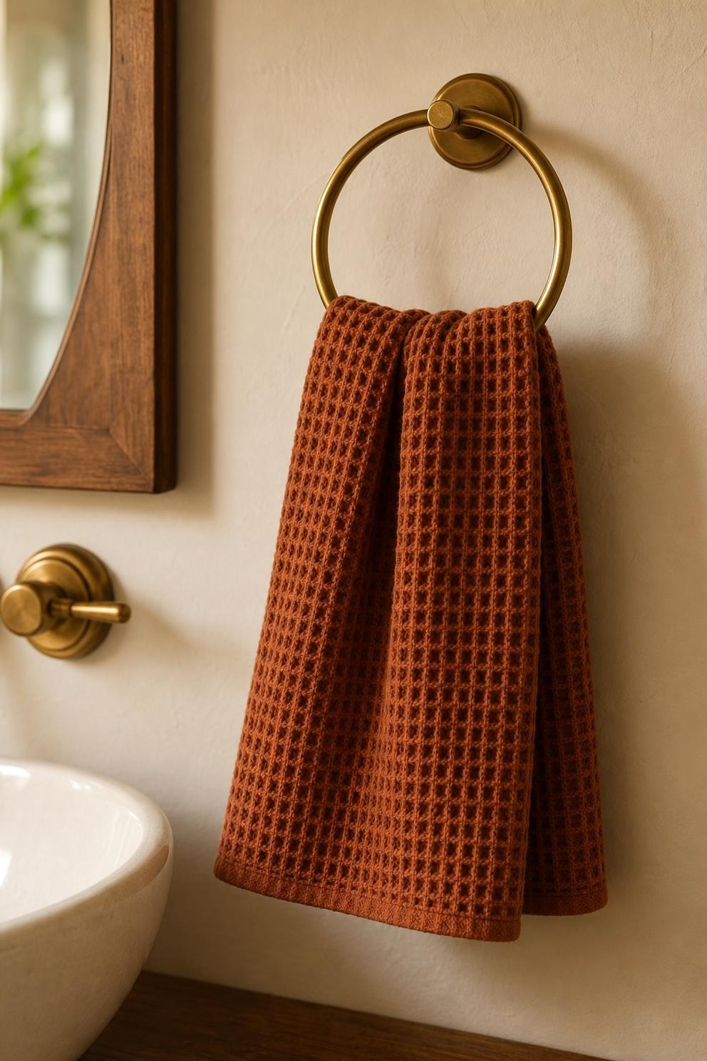 A rust waffle weave hand towel folded over a brass towel ring beside a small bathroom mirror