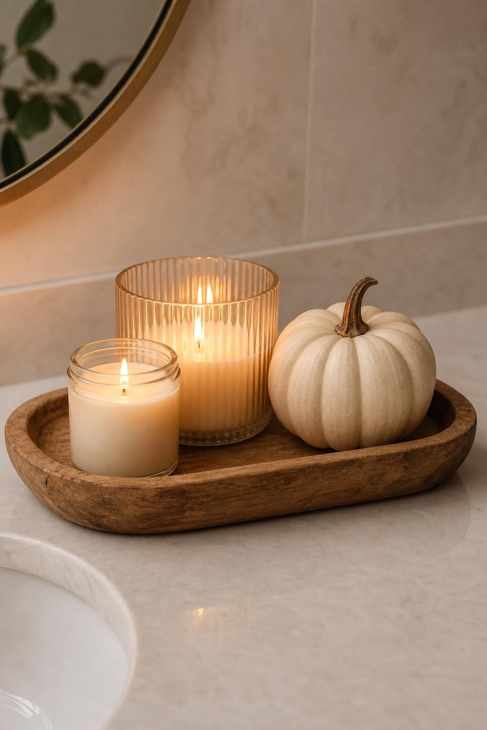 An oval sealed wood tray on a bathroom counter holding two ivory pillar candles and a small white faux pumpkin