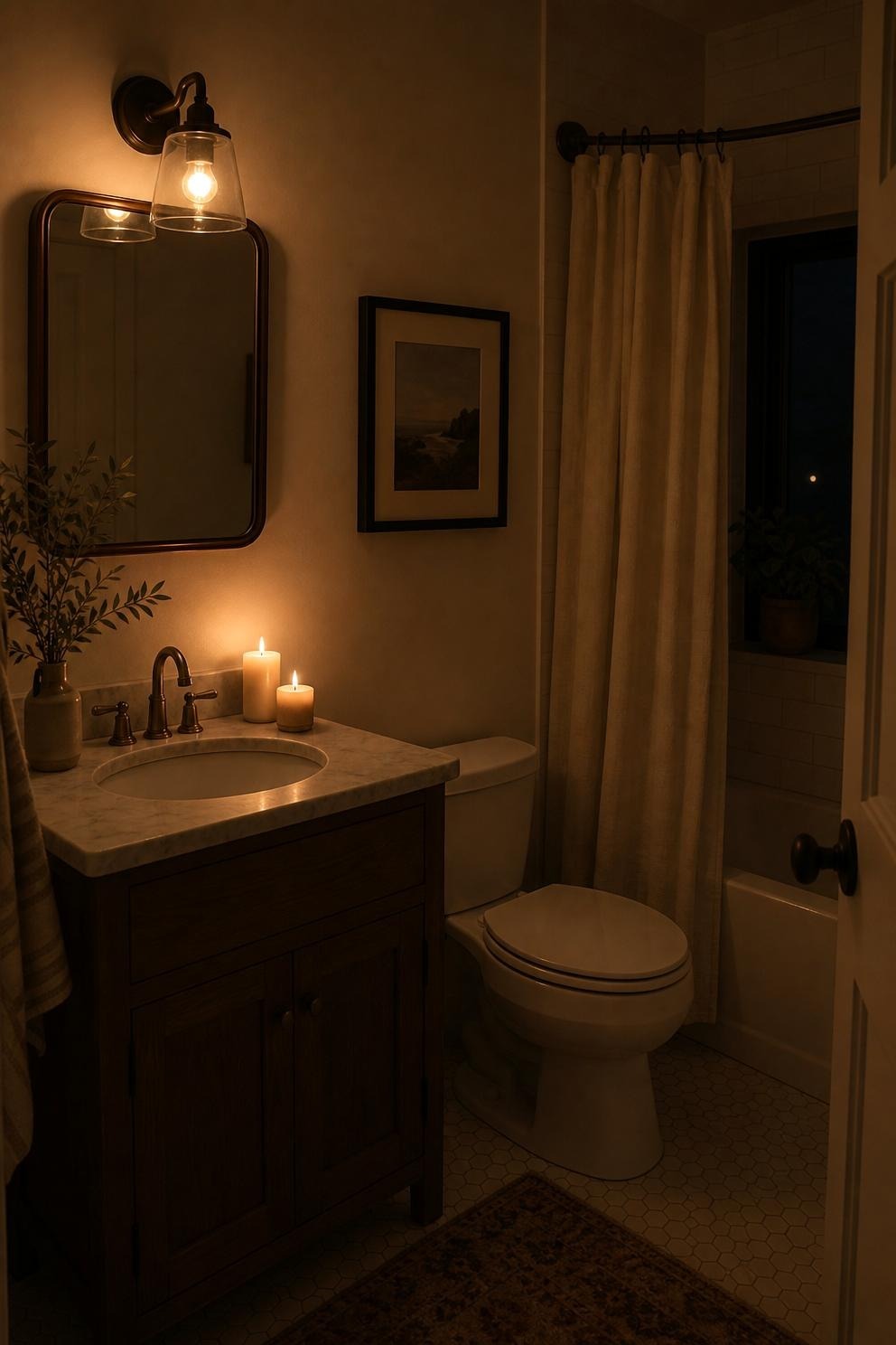 A small bathroom at dusk with two lit candles on a wooden tray and warm light from the vanity bulbs