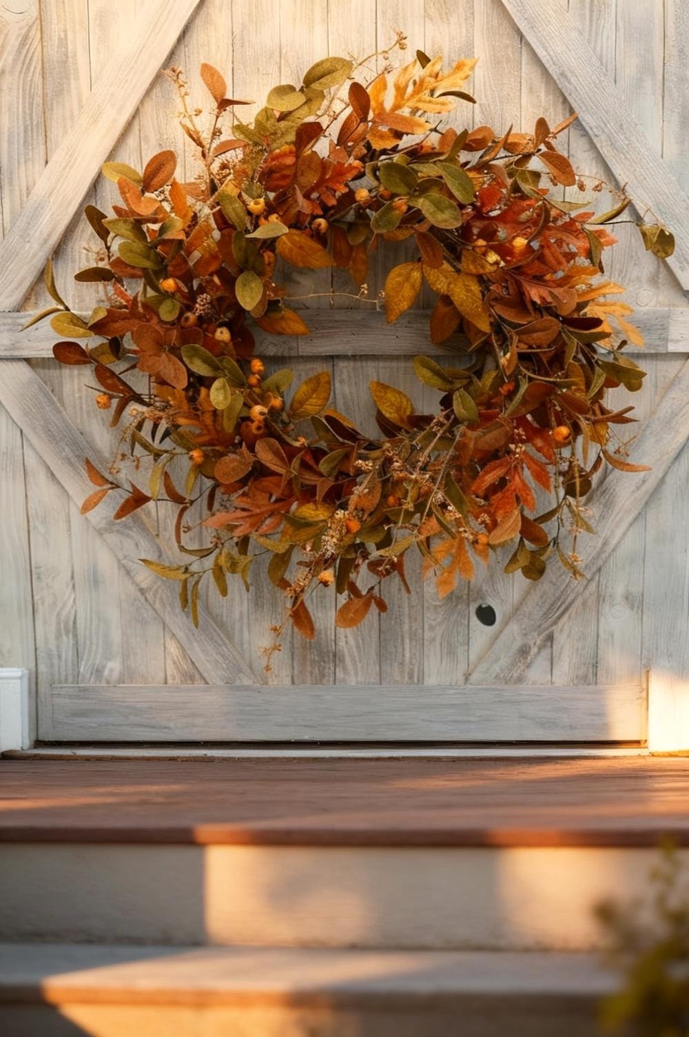 A front door with an orange berry wreath seen from the end of the front walk, framed by a narrow porch and shrubs