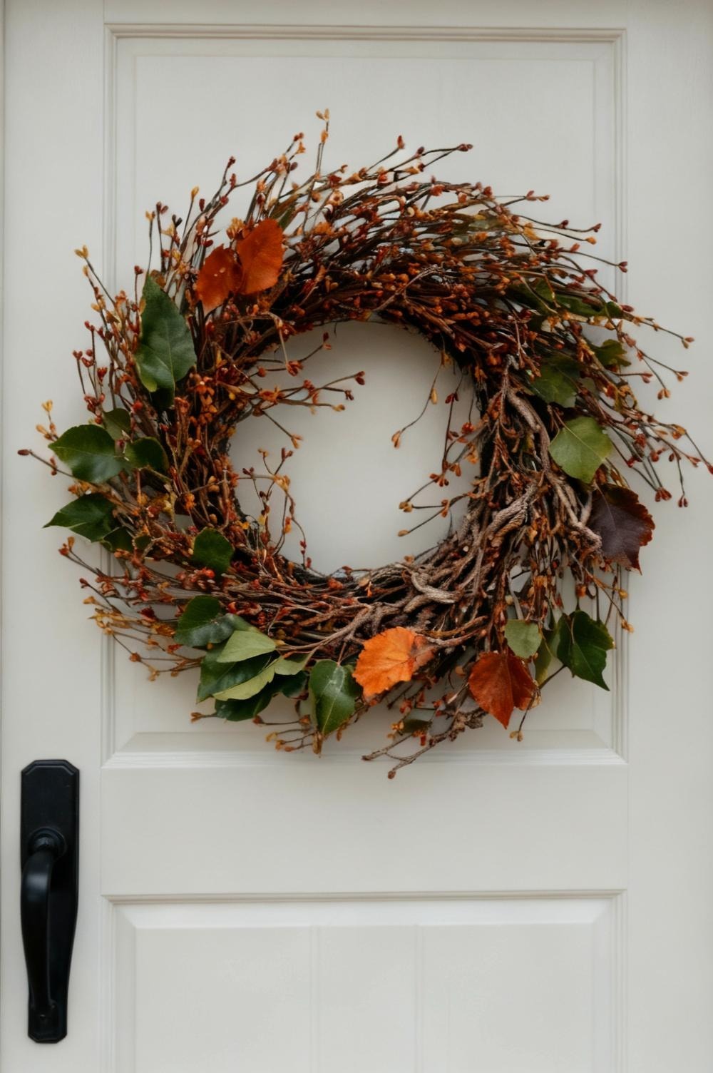 An orange berry and grapevine wreath hanging on a dark charcoal front door in flat daylight, berries clearly separated from the door color