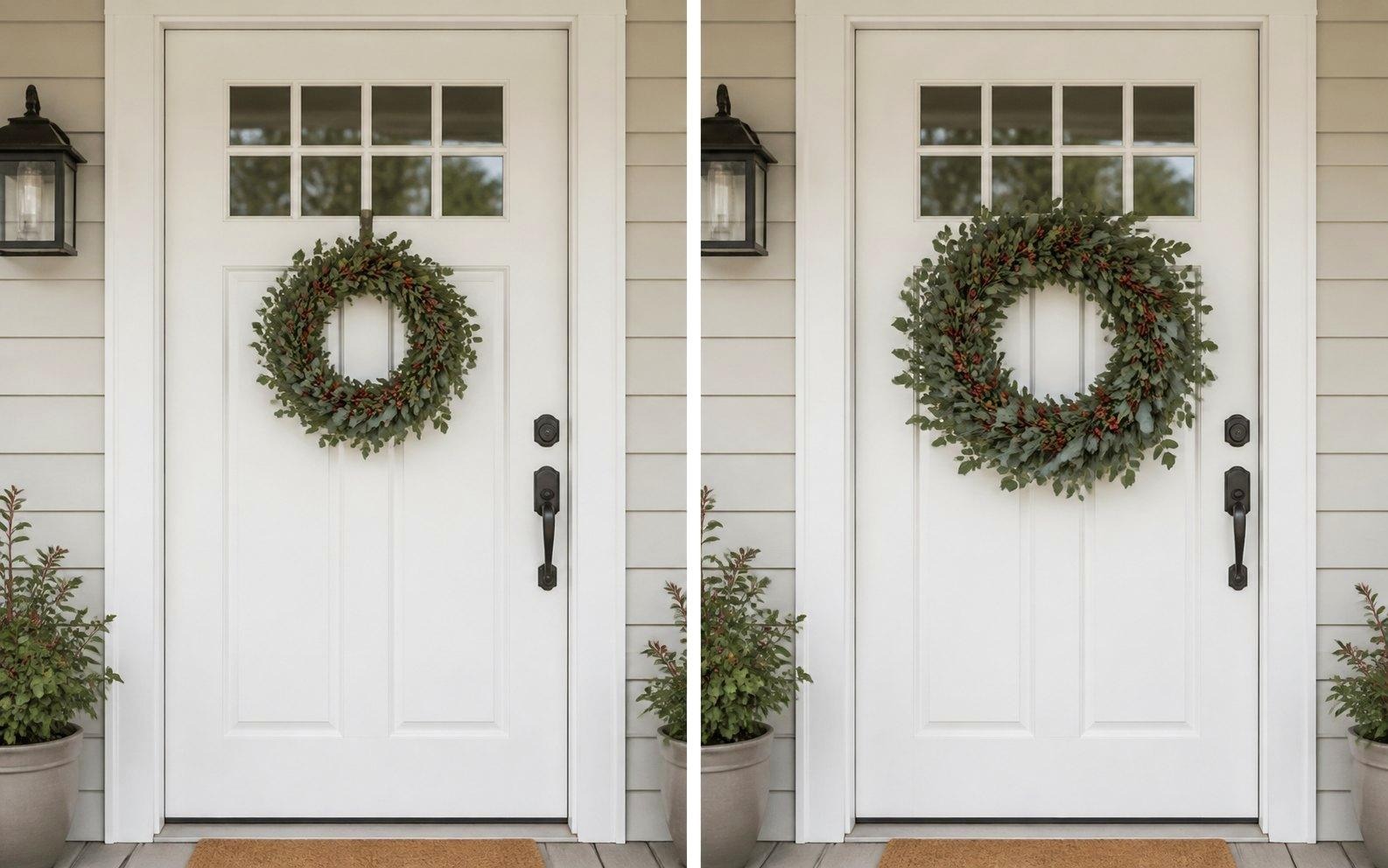 The same white 36-inch front door shown with a 20-inch berry wreath and a fuller 24-inch berry wreath side by side