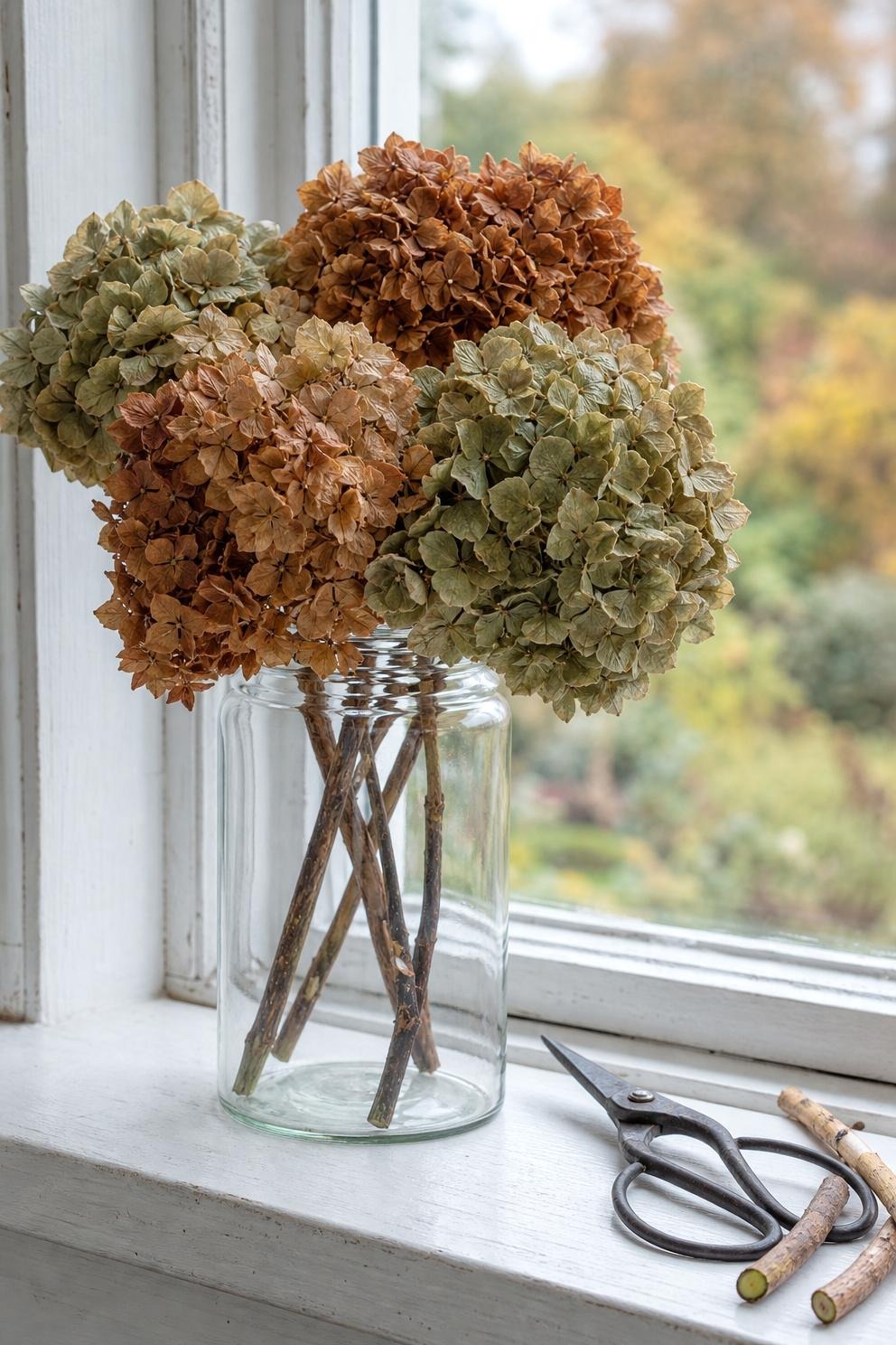 Cut hydrangea heads drying standing up in an empty glass jar on a windowsill