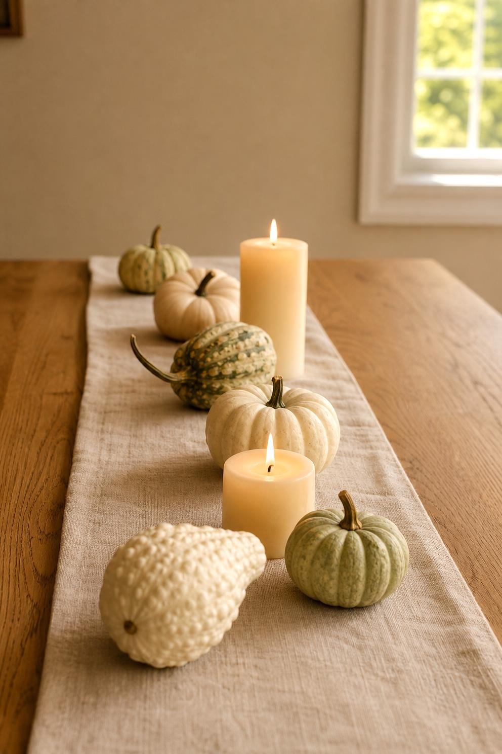 Loose line of small white and pale green gourds down the middle of a kitchen table with two pillar candles and a folded linen cloth