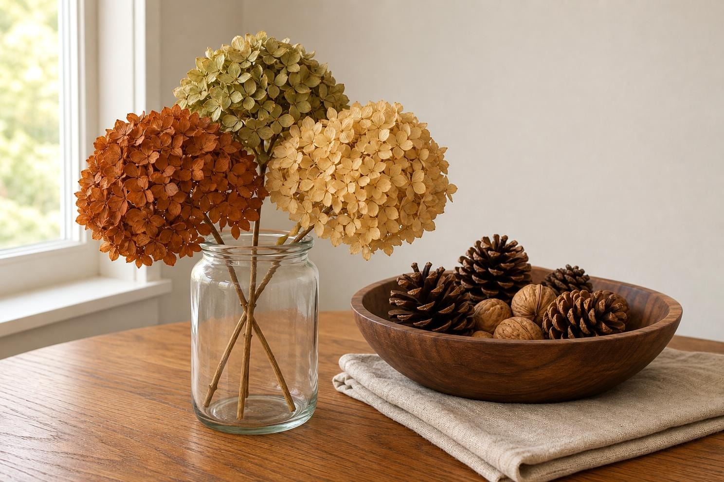 Autumn centerpiece of dried hydrangea heads in a plain glass jar with pinecones in a wooden bowl on a kitchen table
