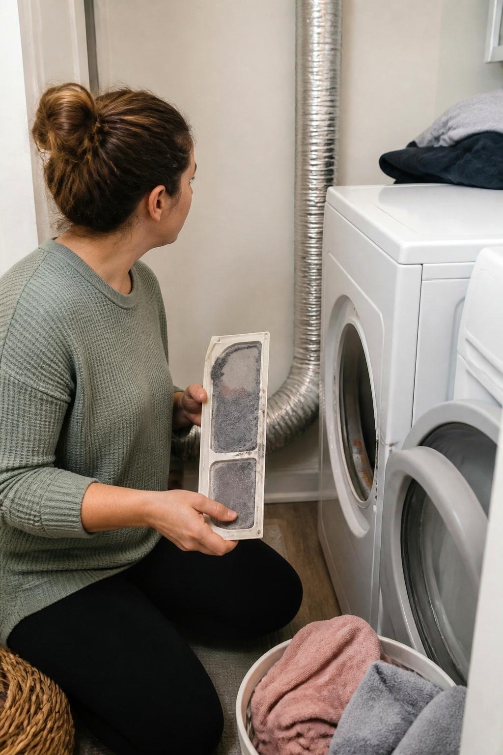 Ordinary laundry nook with a person cleaning the dryer lint screen and checking the vent hose behind the machine