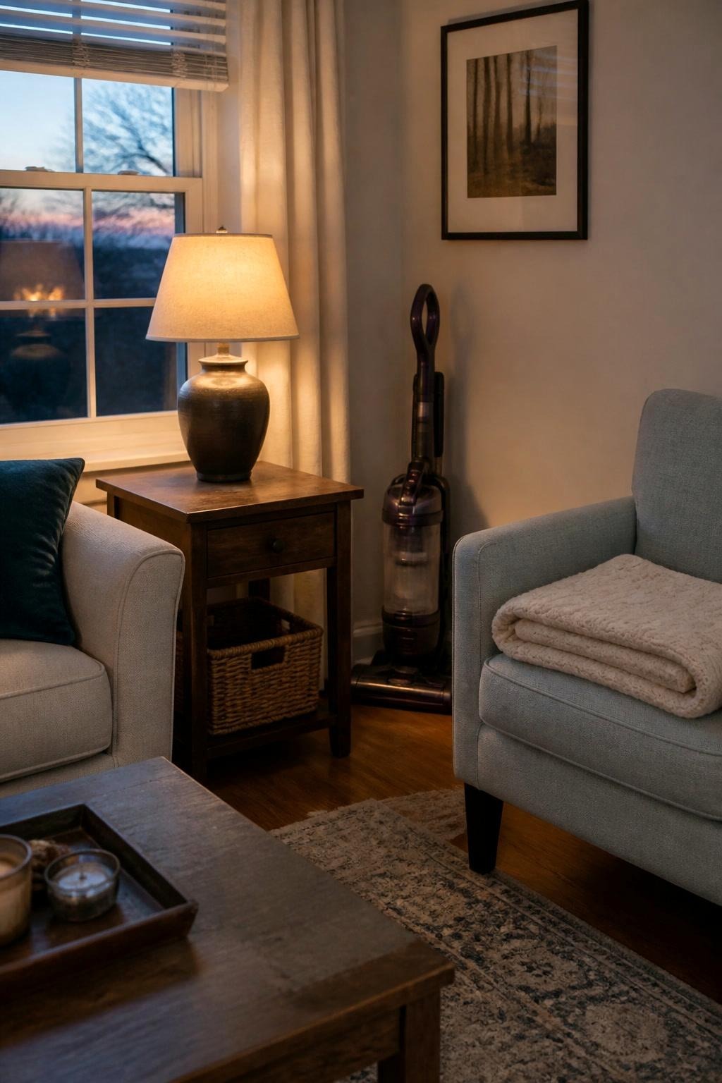 Cozy but realistic living room at dusk with one side table cleared and a vacuum near the baseboard