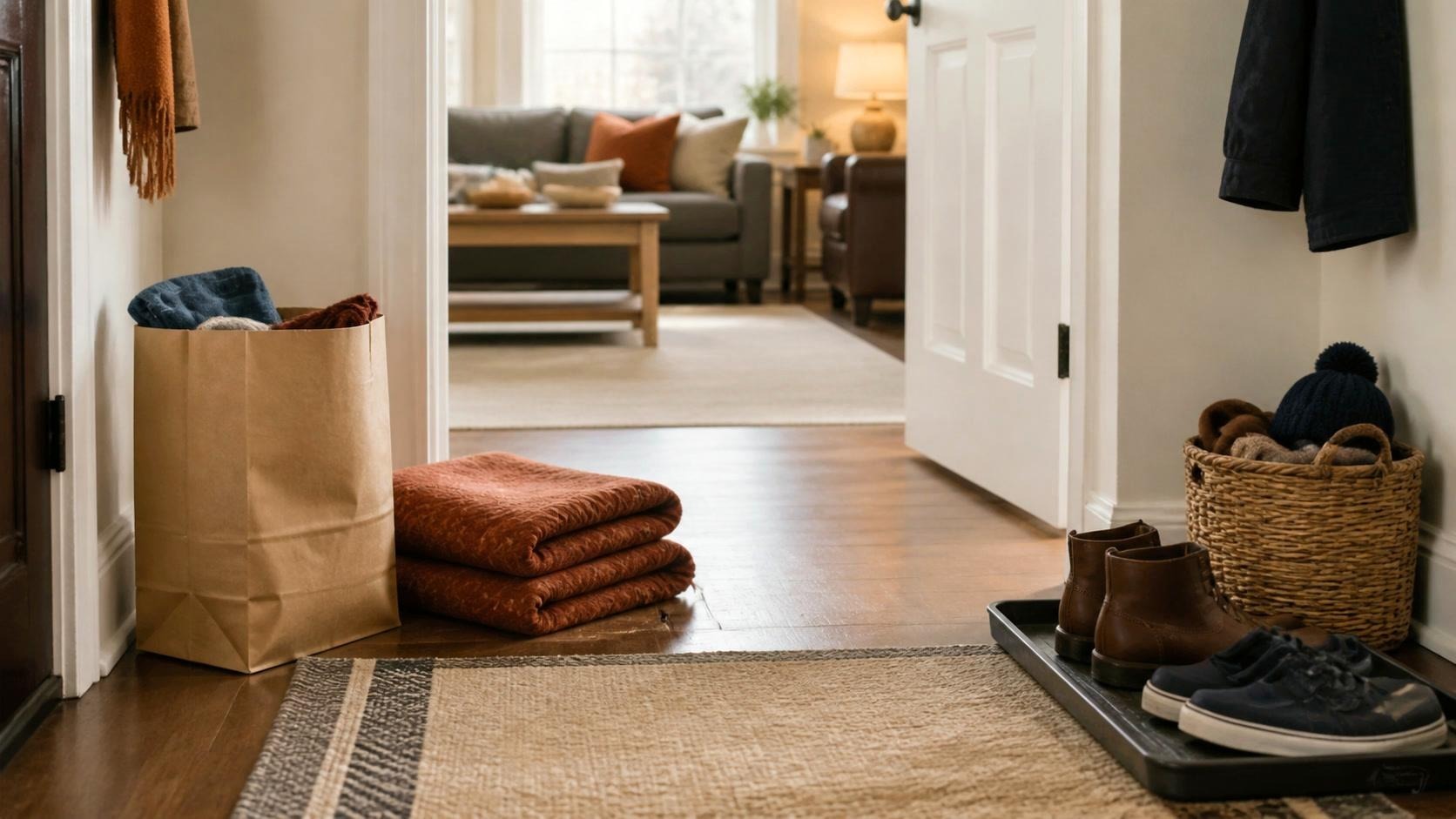 Warm lived-in entry and living room during a simple fall cleaning reset with a donation bag, folded blanket, and clear walkway