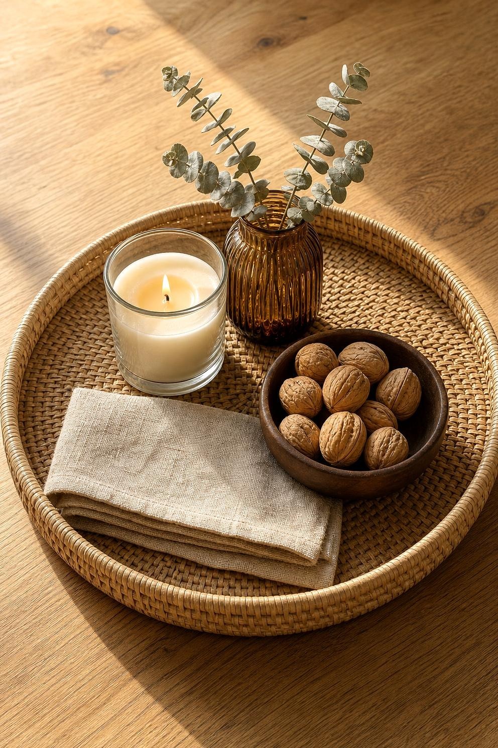 Round rattan tray on a small coffee table holding a candle, a small vase of dried stems, and a folded linen napkin