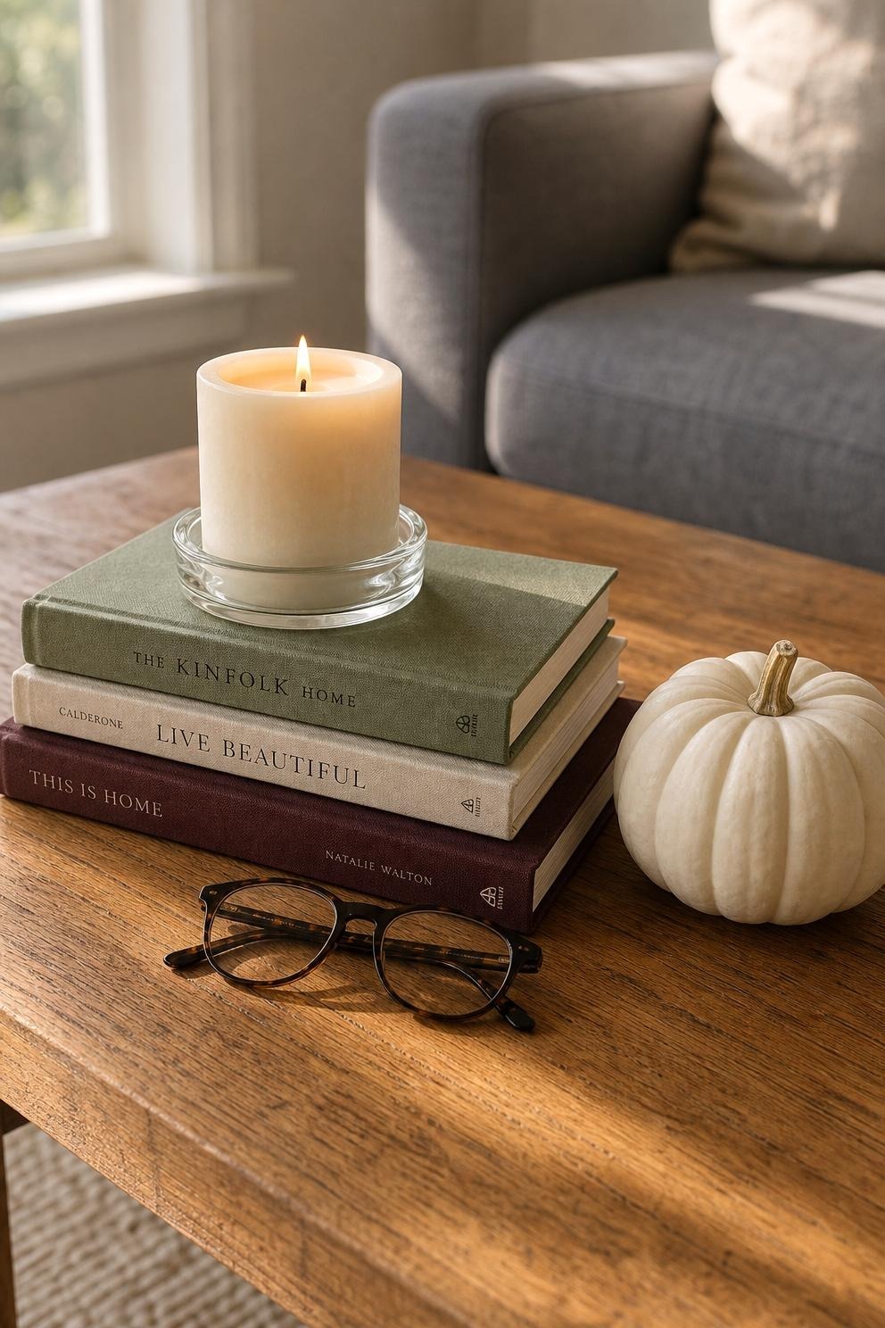 Stack of three hardback books on a coffee table with a lit pillar candle and a small white pumpkin beside them