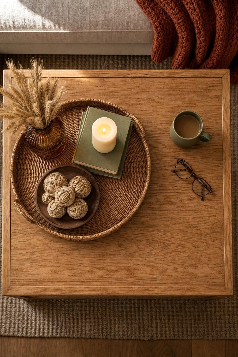 Small living room coffee table styled with a tray on two thirds of the surface and the remaining third left clear for a mug