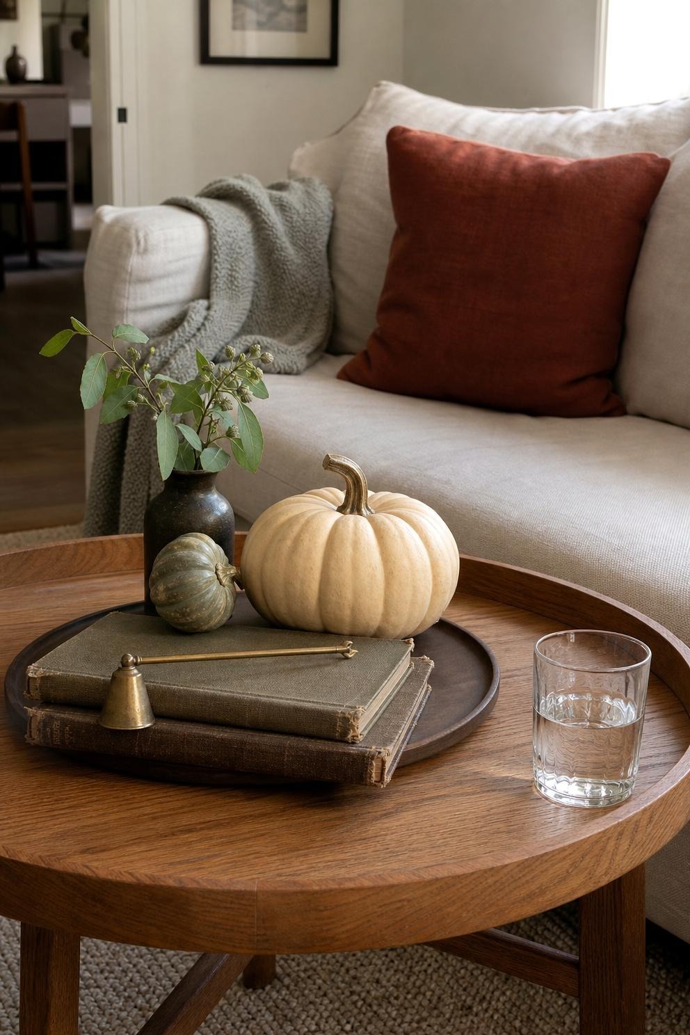 Single white pumpkin beside a small vase on a round coffee table tray