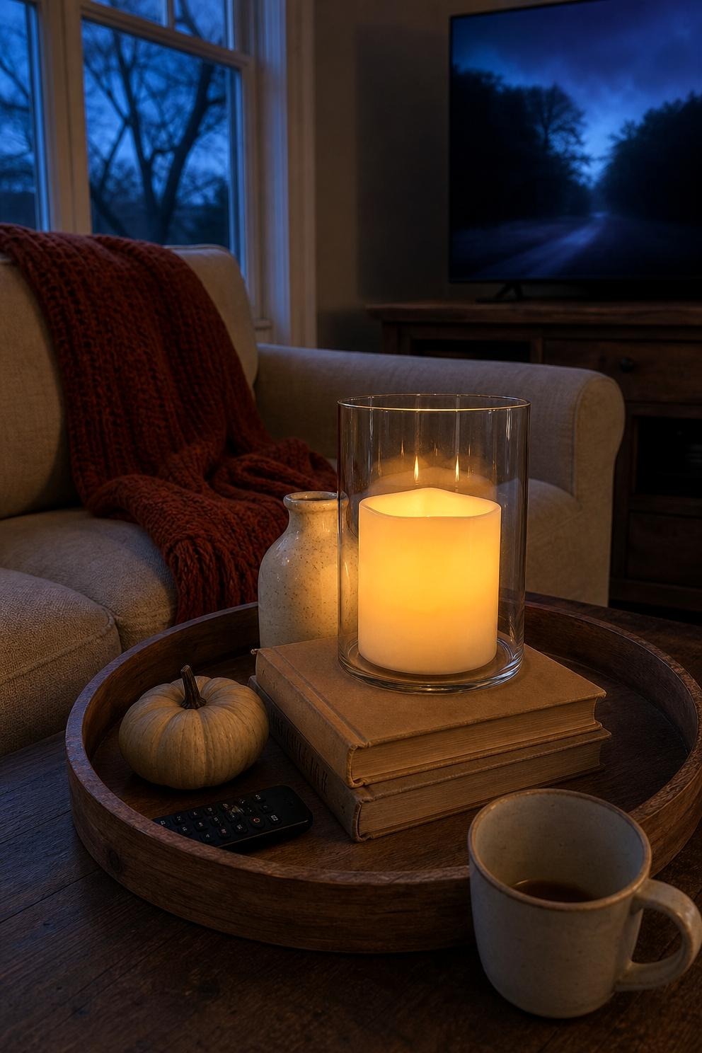 Wide flameless pillar candle glowing inside a clear glass holder on a coffee table