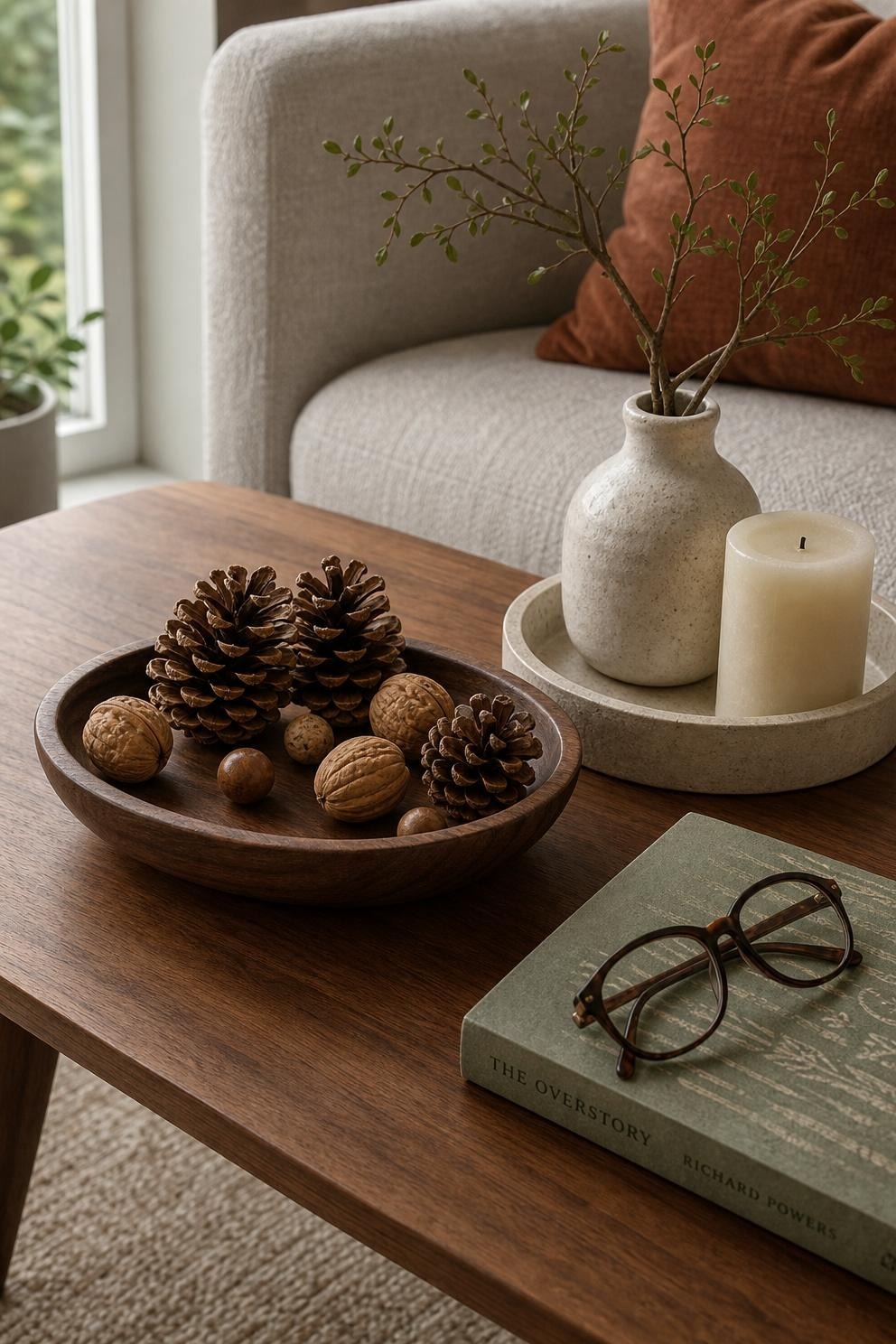 Low wooden bowl filled with pinecones and walnuts on a small coffee table