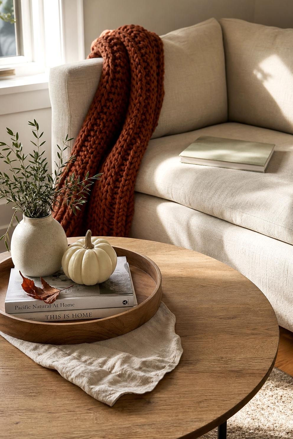 Rust knit throw draped over a sofa arm beside a coffee table tray on folded linen