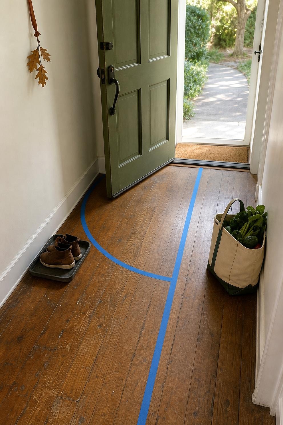 Painter's tape marking a full door arc and a clear walking lane in a narrow fall entry