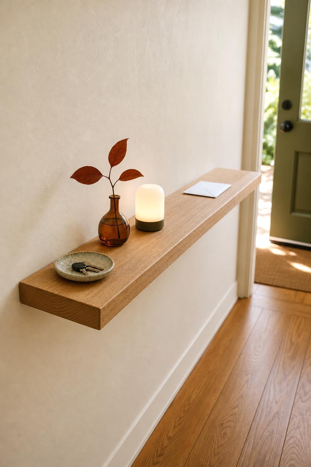Six-inch-deep wood picture ledge in a narrow entry holding a key dish and one small amber vase