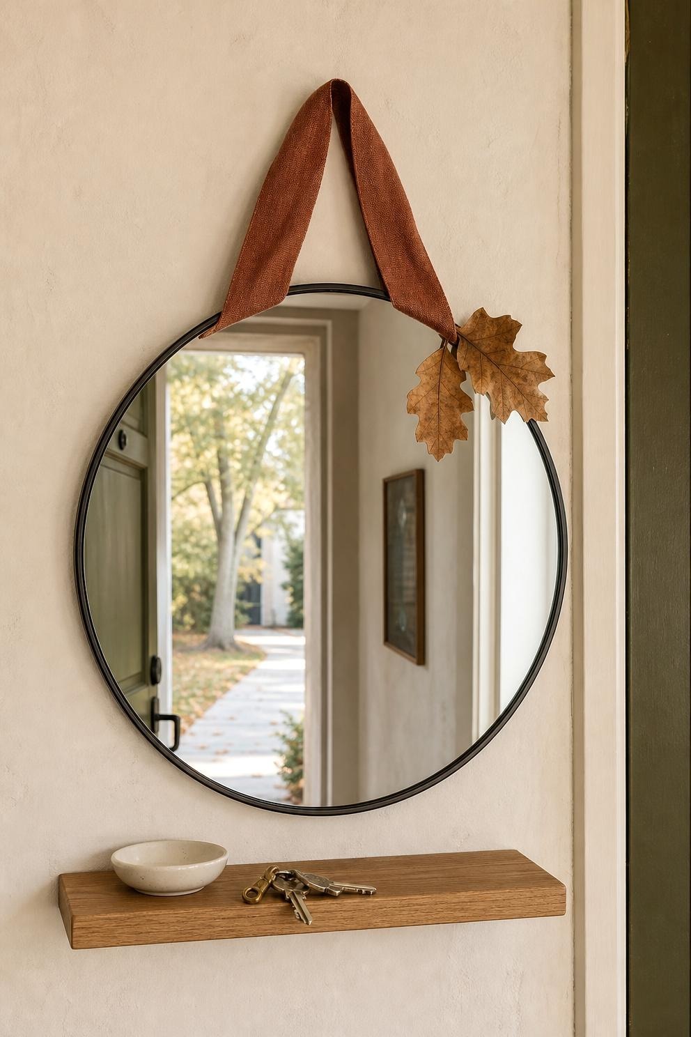 Simple entry mirror with a narrow rust ribbon and two clipped dried leaves in a small hallway