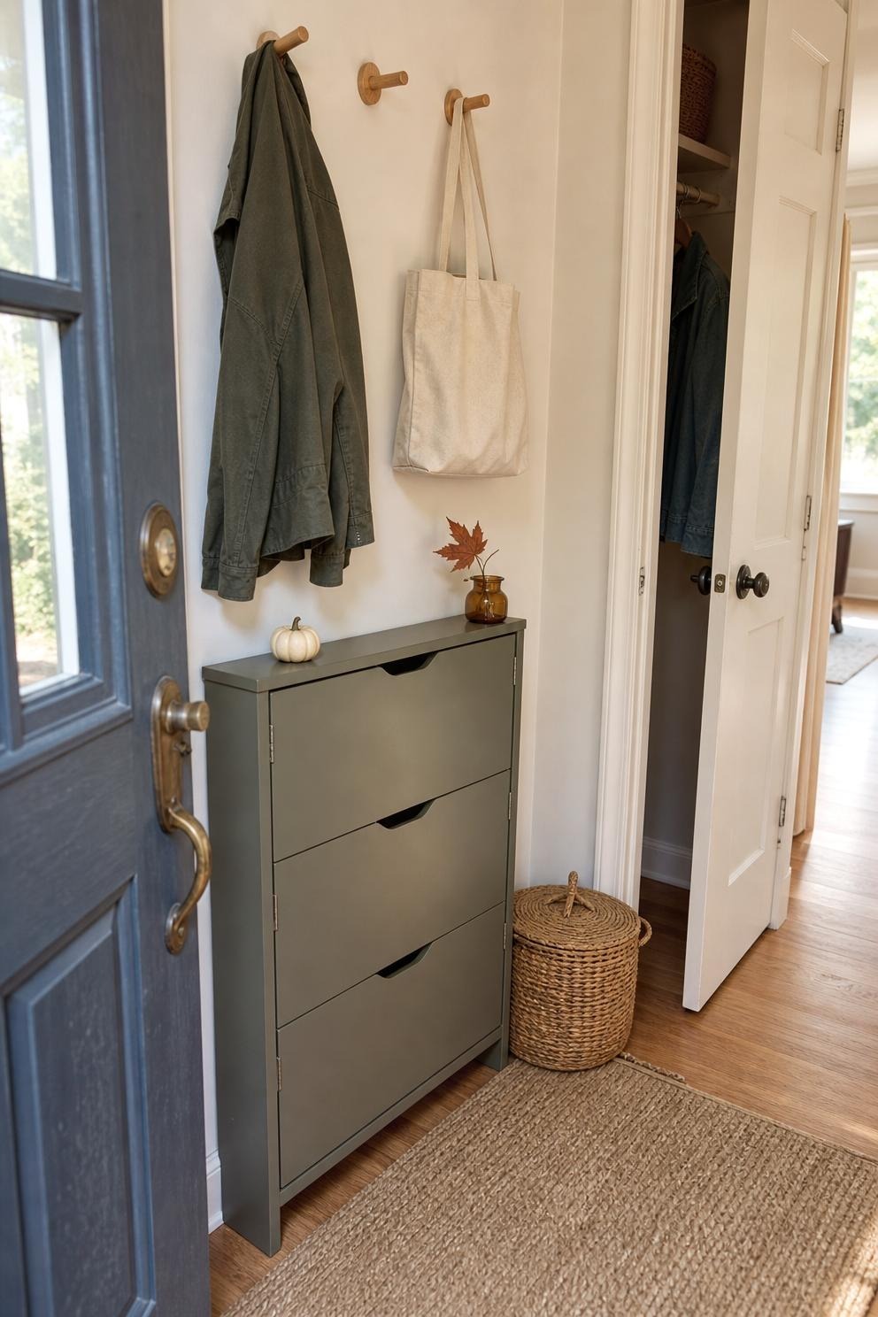 Slim closed shoe cabinet and one lidded woven basket beneath wall hooks in a narrow fall entry