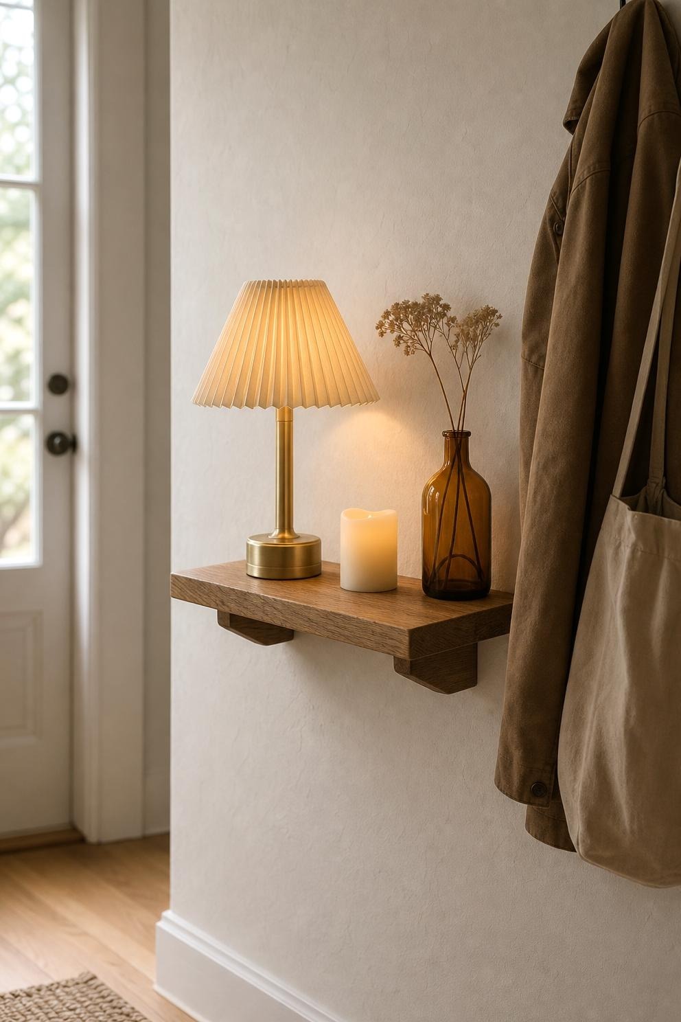 Small warm table lamp and flameless candle on a shallow entry shelf with no cord crossing the floor