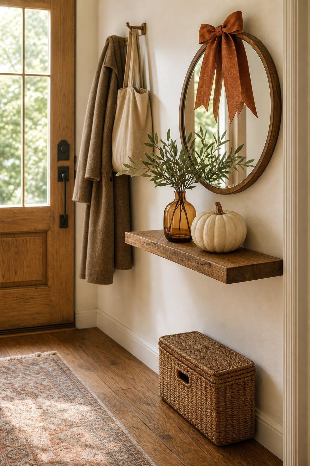 Narrow entry styled with rust ribbon, olive leaves, cream pumpkin, amber glass, and natural wood