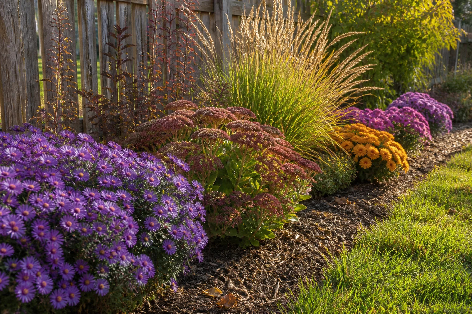 Compact sunny fall bed with asters, goldenrod, grasses, and fading seed heads