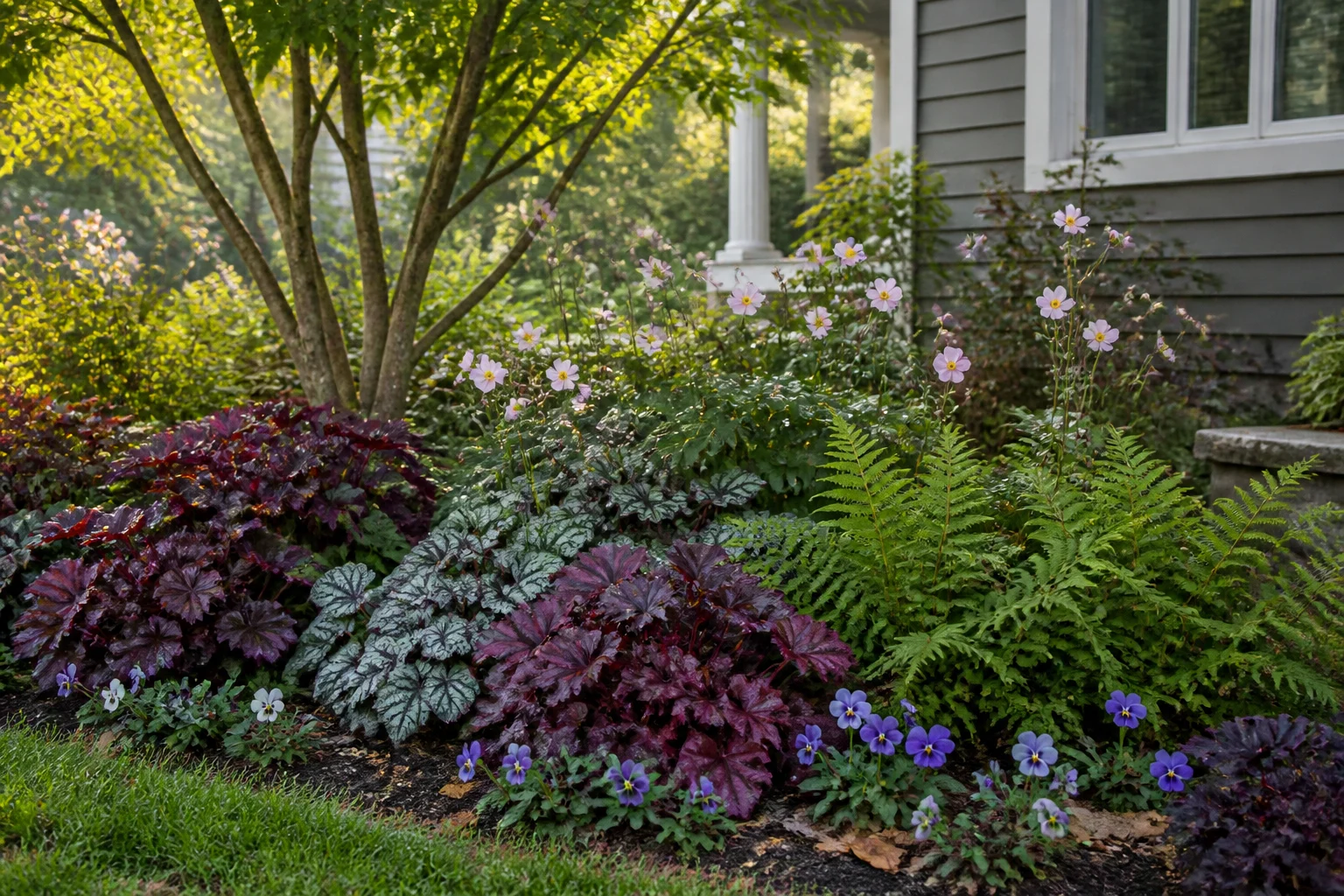 Small shaded fall flower bed with foliage texture, asters, and a clear garden edge