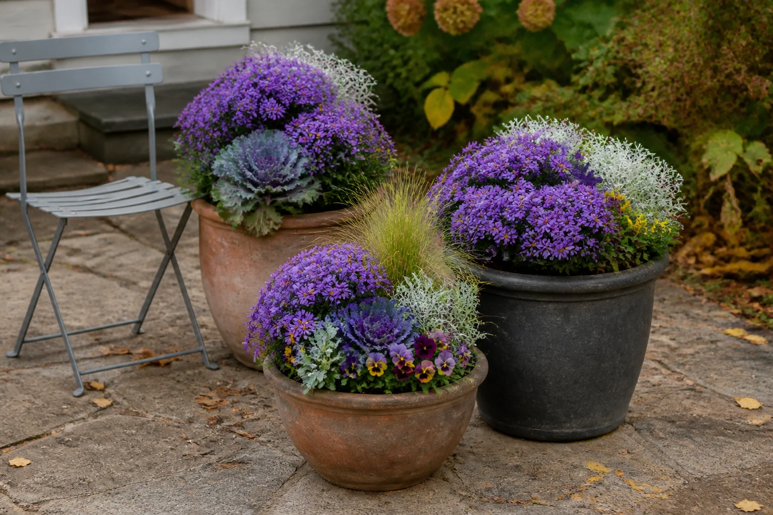Small-yard grouping of fall containers with flowers, grasses, and colorful foliage