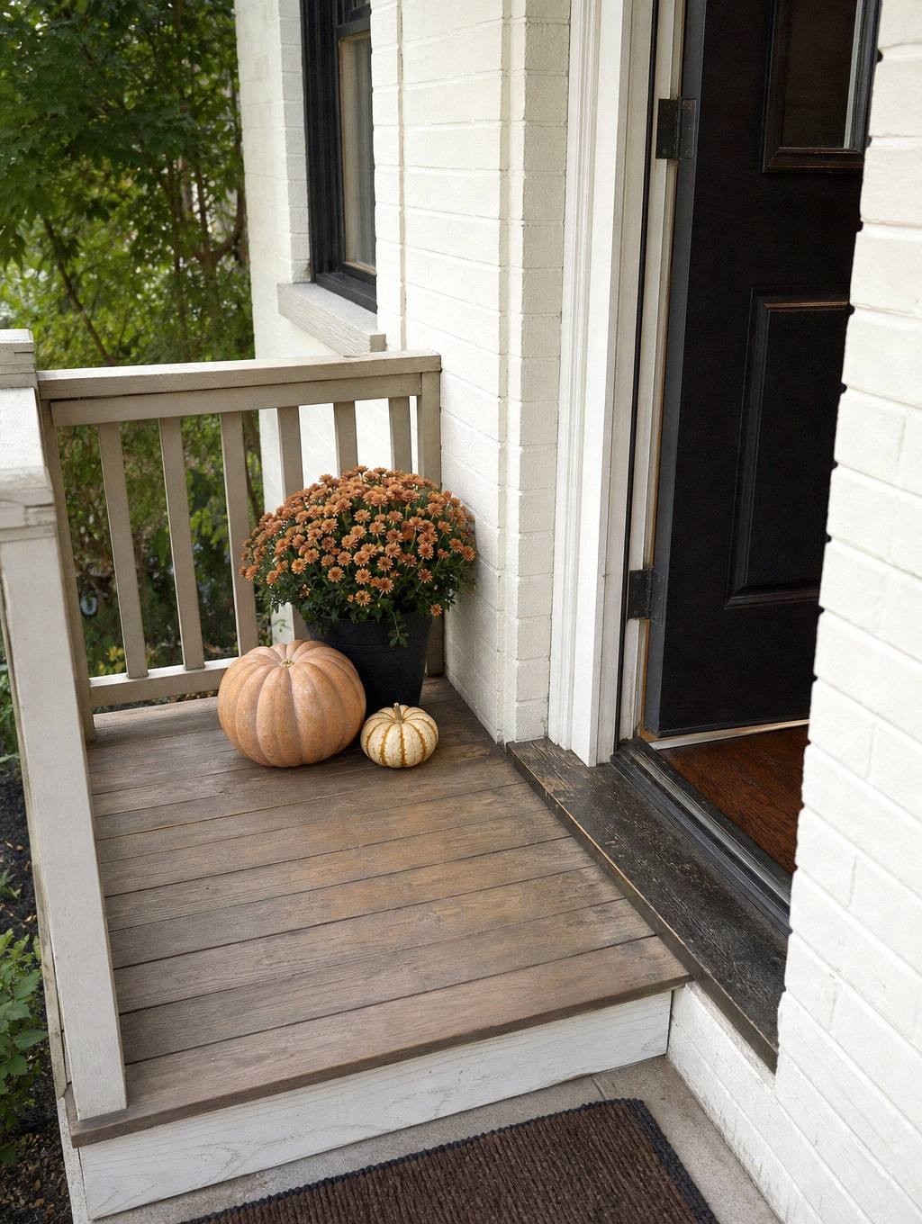 narrow front porch measuring under four feet wide with door, threshold, and railing visible