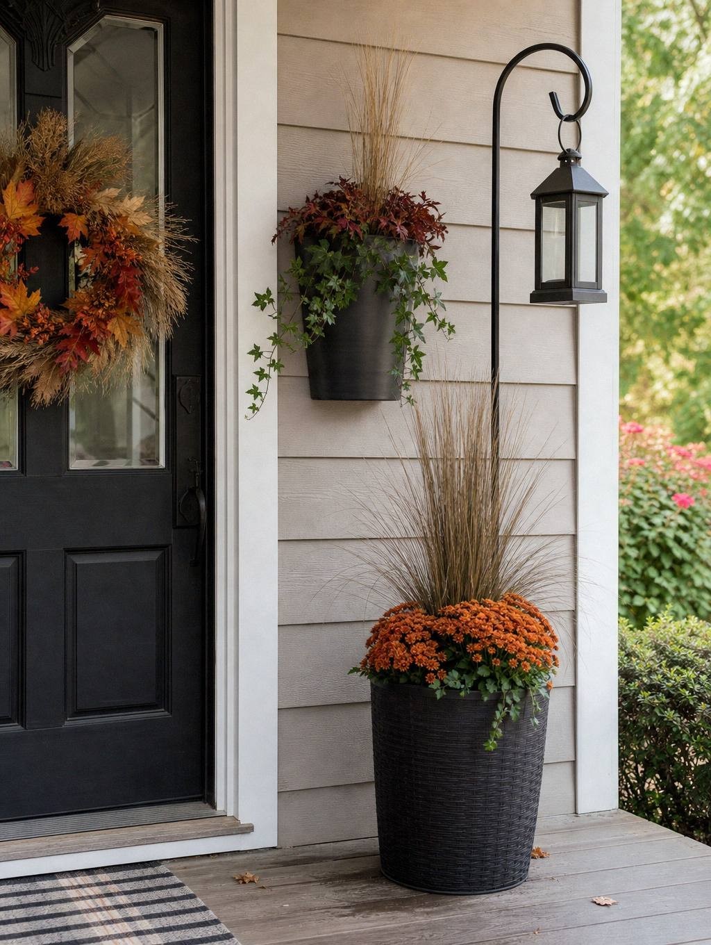 wall-mounted planter and shepherd's hook with lantern on small porch, keeping floor space clear