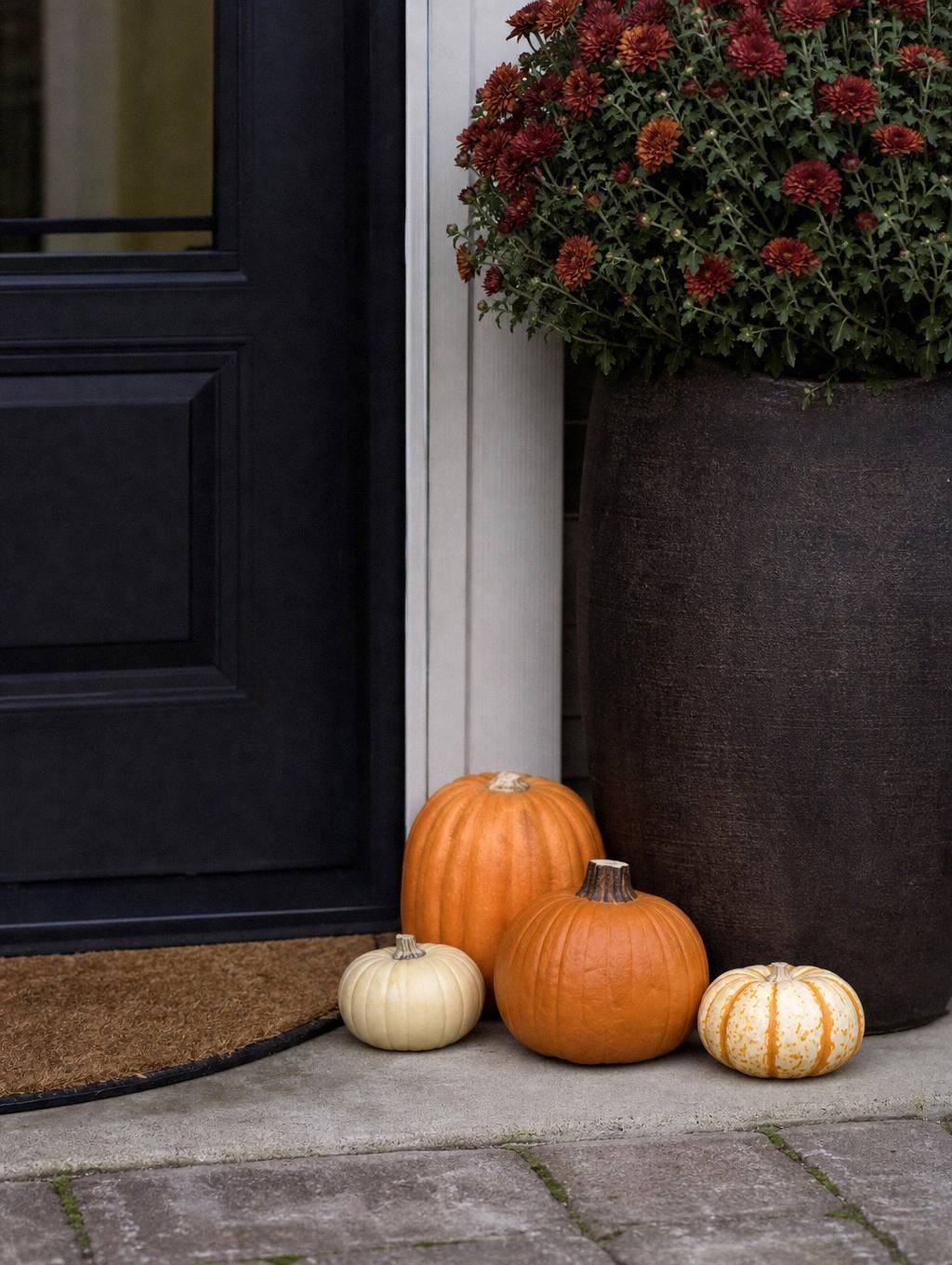 three small pumpkins in rust and cream tones clustered at base of planter beside front door
