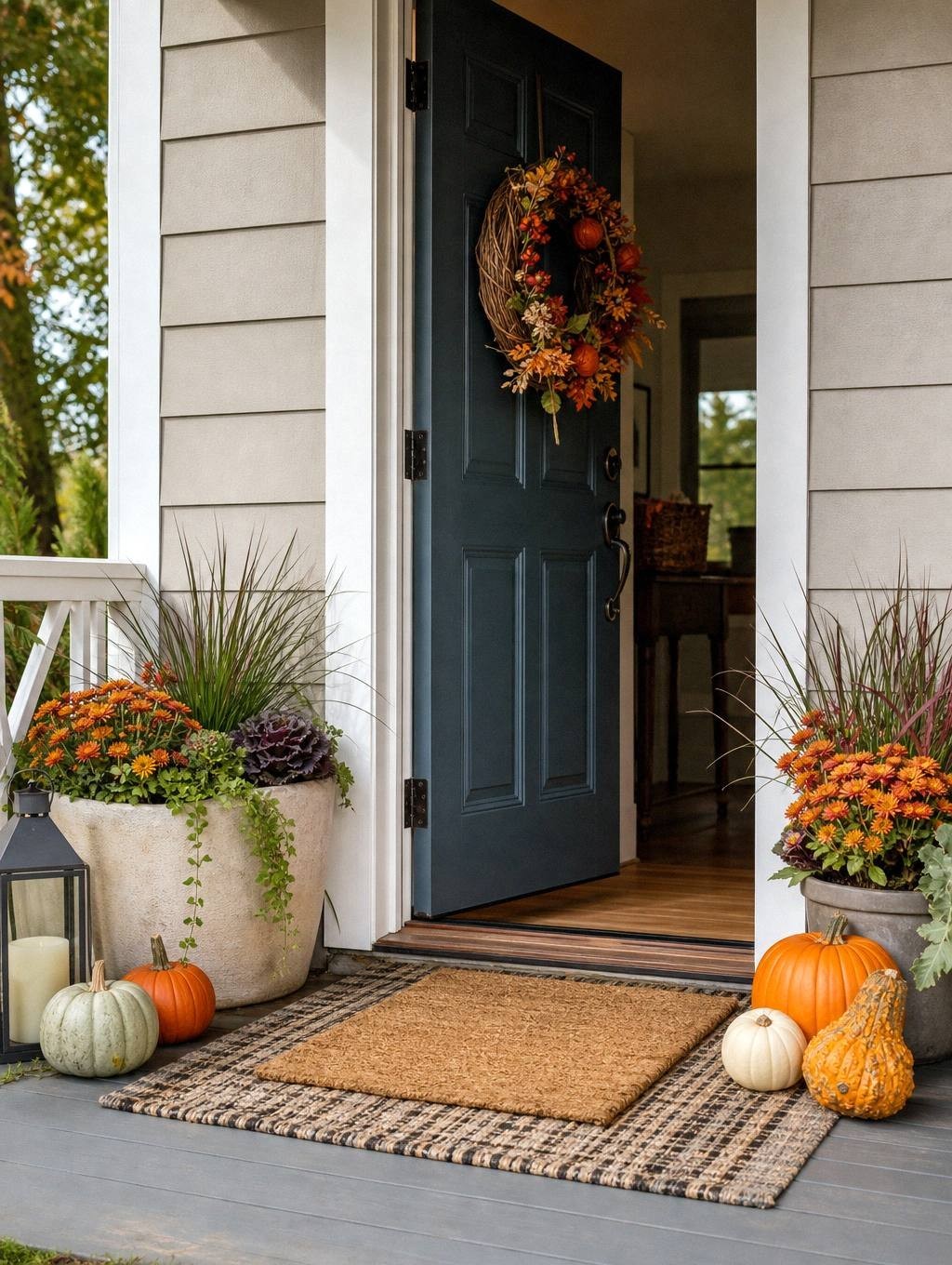completed small porch setup with wreath, flanking mums, layered rug and mat, and grouped pumpkins